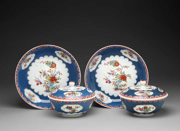 A pair of covered tureens and stands with enamel blue ground and floral decoration
in the style of the Sakaida Kakiemon manufactory